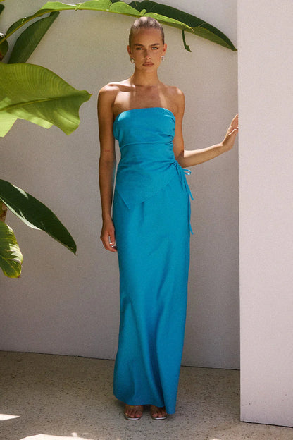 Turquoise Strapless Asymmetrical Drawstring Waist Maxi Prom Dress