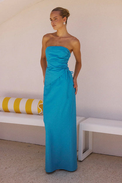 Turquoise Strapless Asymmetrical Drawstring Waist Maxi Prom Dress