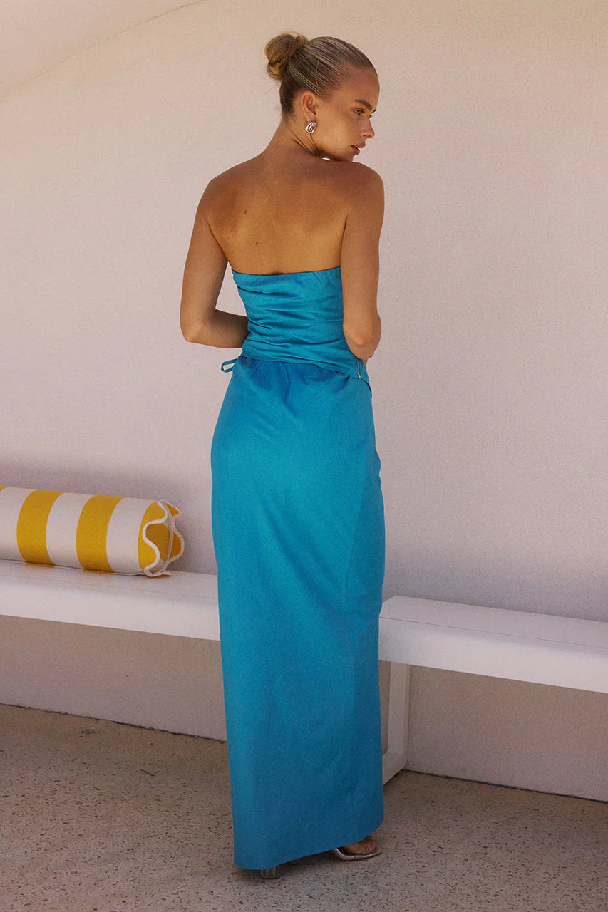 Turquoise Strapless Asymmetrical Drawstring Waist Maxi Prom Dress