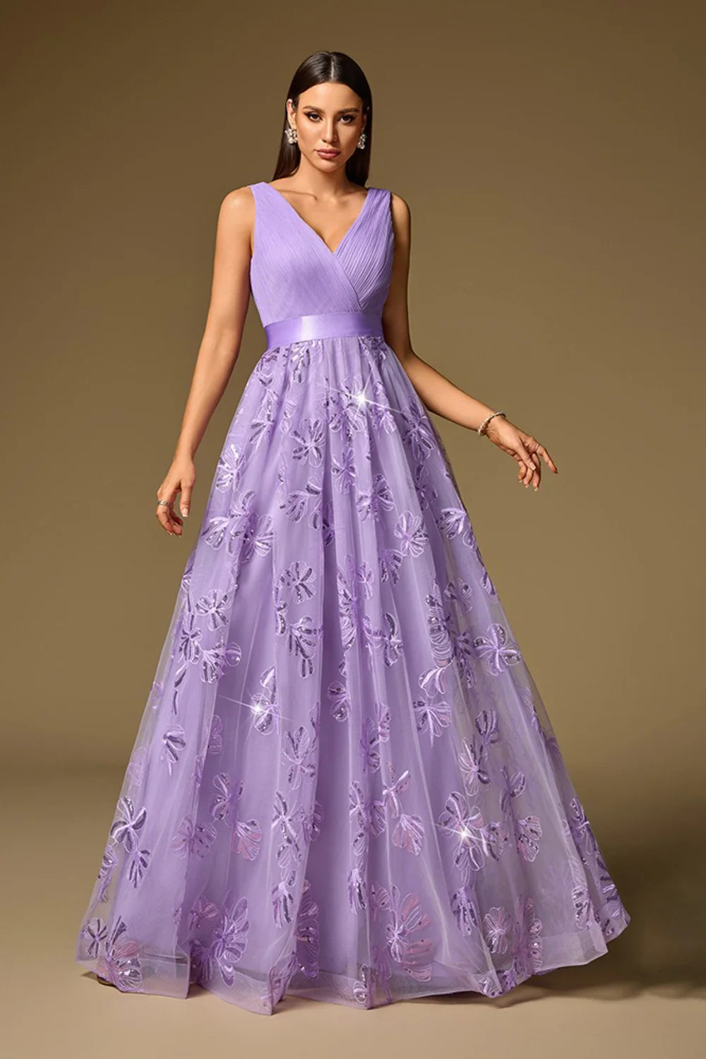 V-Neck Cross Pleat Lavender Sequin Floral A-Line Evening Dresses with Satin Waist Belt and Floor-Length Skirt
