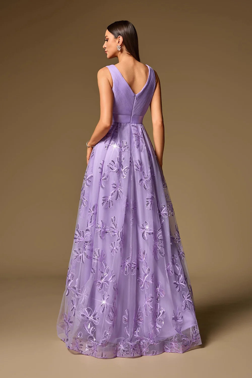 V-Neck Cross Pleat Lavender Sequin Floral A-Line Evening Dresses with Satin Waist Belt and Floor-Length Skirt