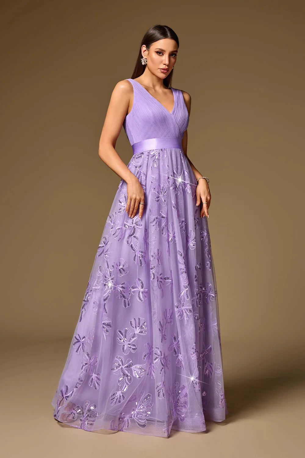 V-Neck Cross Pleat Lavender Sequin Floral A-Line Evening Dresses with Satin Waist Belt and Floor-Length Skirt