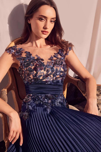 V-Neck Lace Appliqué Pleated Skirt Open Back Navy Blue Satin A-Line Prom Dresses