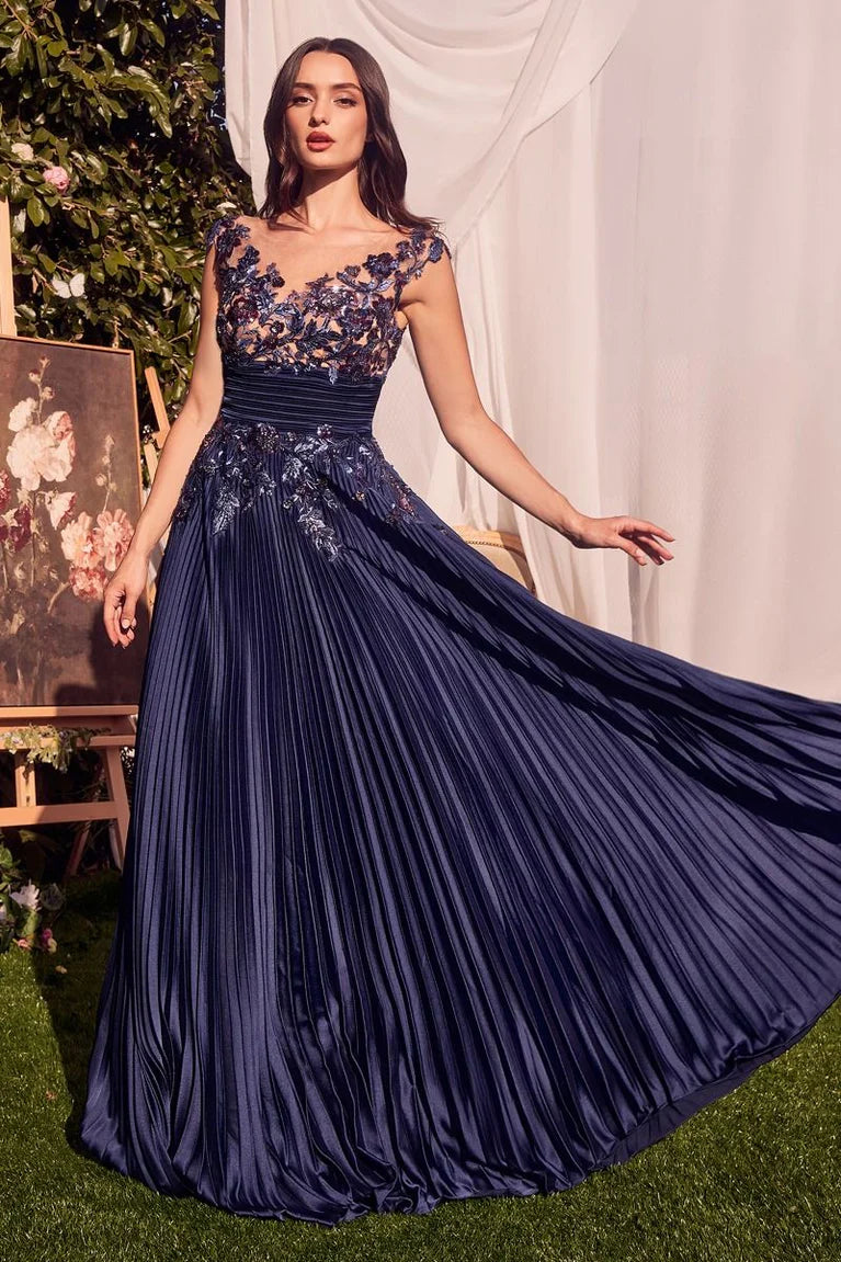 V-Neck Lace Appliqué Pleated Skirt Open Back Navy Blue Satin A-Line Prom Dresses