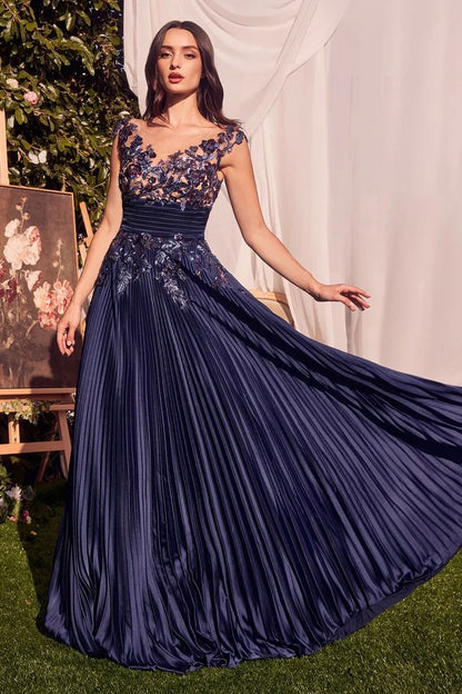 V-Neck Lace Appliqué Pleated Skirt Open Back Navy Blue Satin A-Line Prom Dresses
