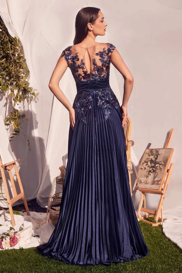 V-Neck Lace Appliqué Pleated Skirt Open Back Navy Blue Satin A-Line Prom Dresses