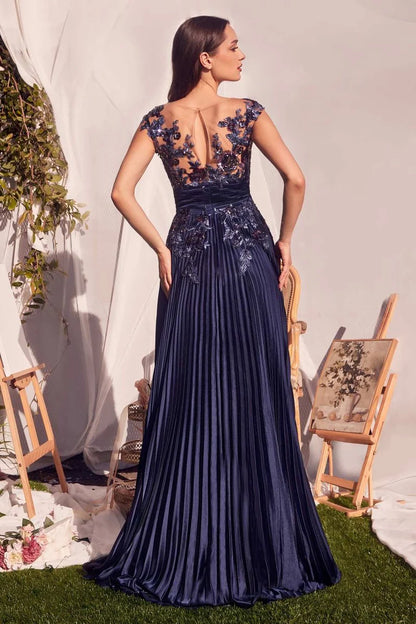 V-Neck Lace Appliqué Pleated Skirt Open Back Navy Blue Satin A-Line Prom Dresses
