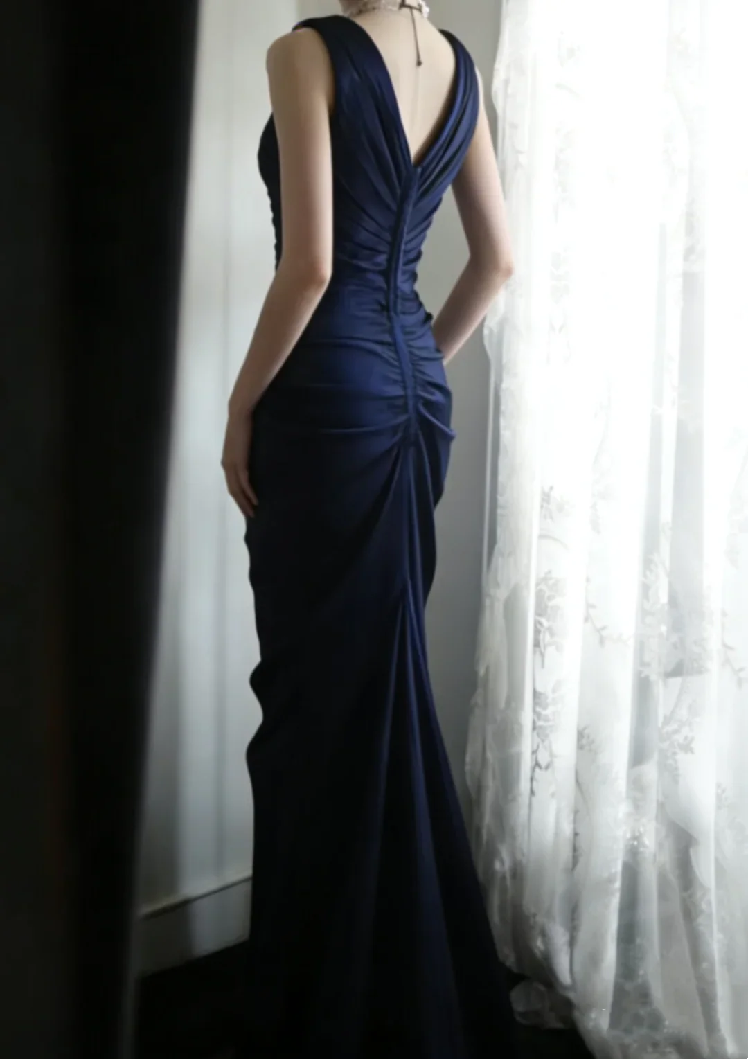 V-Neck Ruched Satin Mermaid Prom Dress with Beaded Waist Detail and Deep V-Back