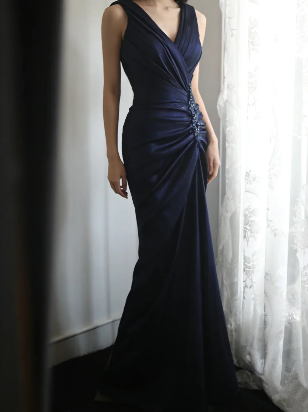 V-Neck Ruched Satin Mermaid Prom Dress with Beaded Waist Detail and Deep V-Back