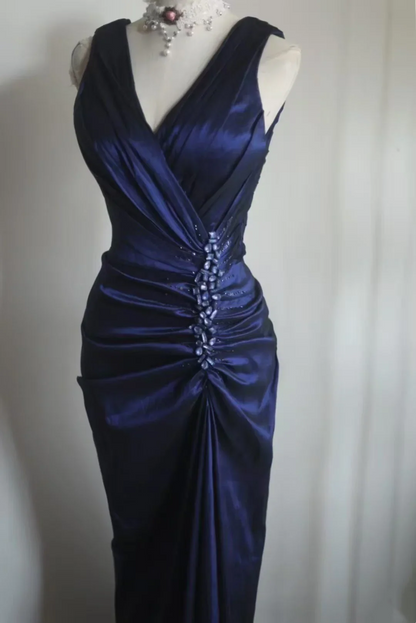 V-Neck Ruched Satin Mermaid Prom Dress with Beaded Waist Detail and Deep V-Back