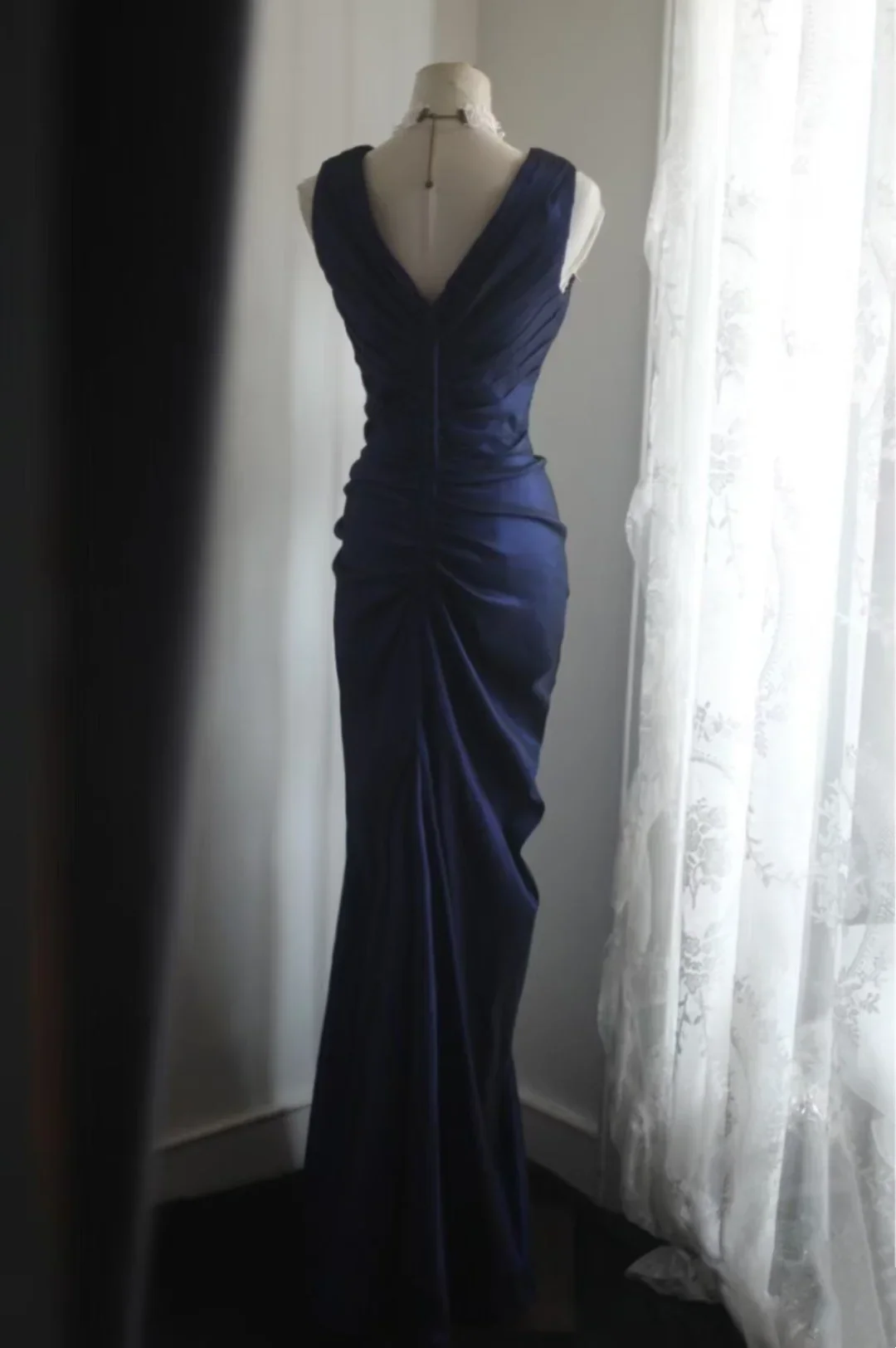 V-Neck Ruched Satin Mermaid Prom Dress with Beaded Waist Detail and Deep V-Back