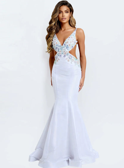 V Neck 3D Floral Appliqué Cutout Back Spaghetti Strap White Stretch Crepe Mermaid Chapel Train Prom Dresses