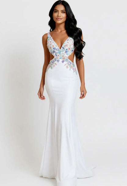 V Neck 3D Floral Appliqué Cutout Back Spaghetti Strap White Stretch Crepe Mermaid Chapel Train Prom Dresses