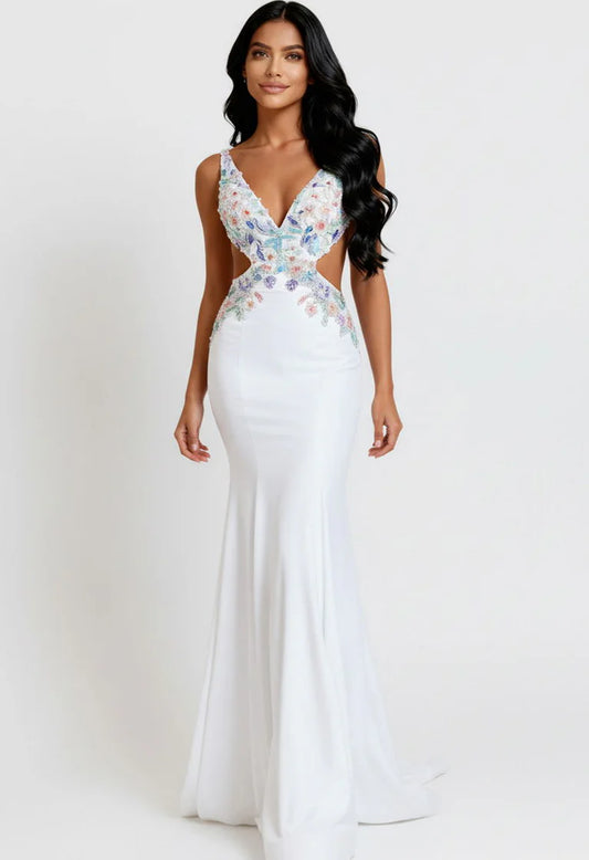 V Neck 3D Floral Appliqué Cutout Back Spaghetti Strap White Stretch Crepe Mermaid Chapel Train Prom Dresses