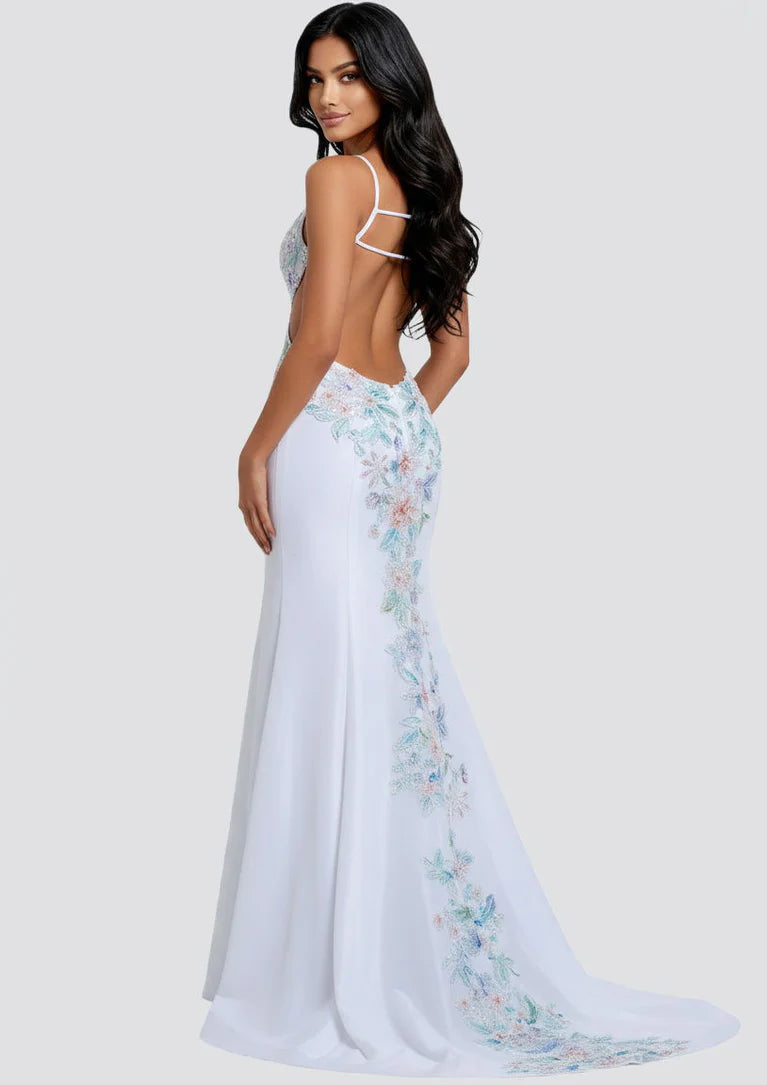 V Neck 3D Floral Appliqué Cutout Back Spaghetti Strap White Stretch Crepe Mermaid Chapel Train Prom Dresses