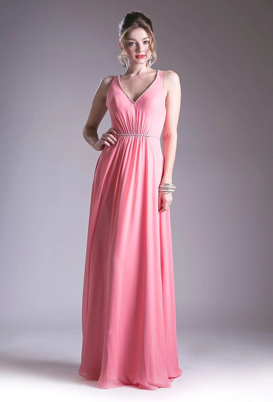 V Neck Coral Pink Chiffon Evening Dresses with Beaded Straps and Waist Belt