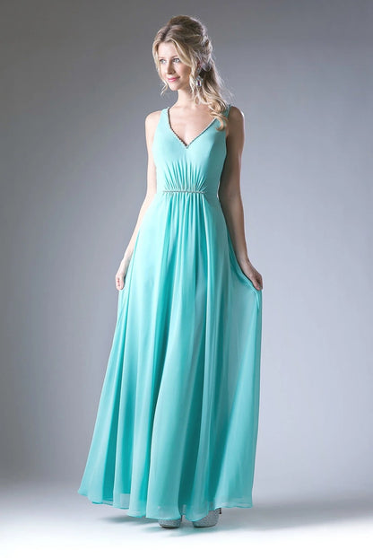 V Neck Coral Pink Chiffon Evening Dresses with Beaded Straps and Waist Belt