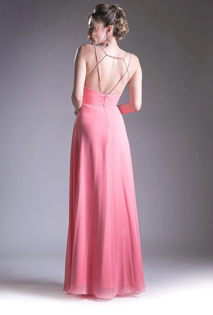 V Neck Coral Pink Chiffon Evening Dresses with Beaded Straps and Waist Belt