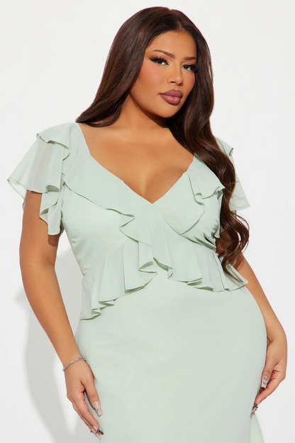 V Neck Ruffle Sleeve Mermaid Chiffon Maxi Evening Dress