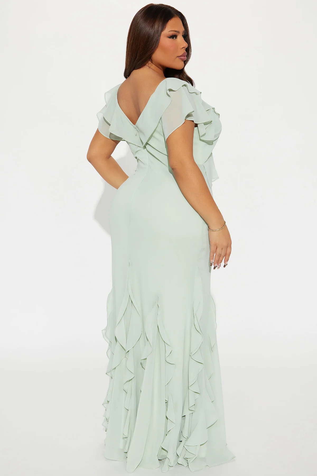 V Neck Ruffle Sleeve Mermaid Chiffon Maxi Evening Dress