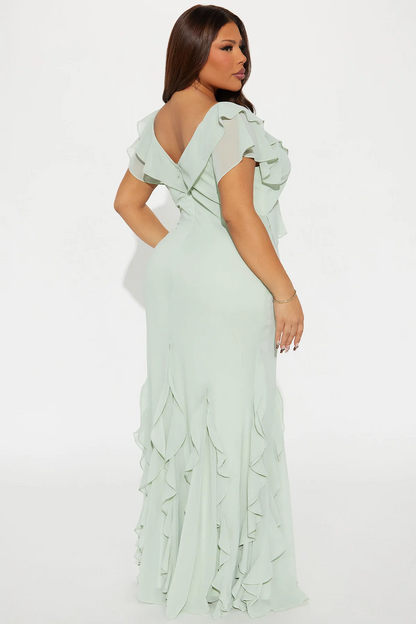 V Neck Ruffle Sleeve Mermaid Chiffon Maxi Evening Dress