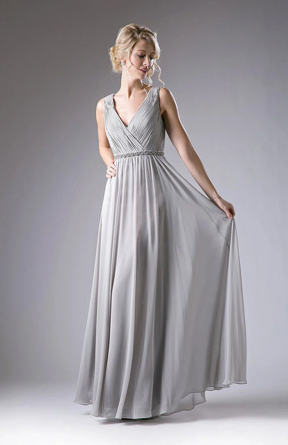 V Neck Silver Gray Chiffon Evening Dresses with Beaded Waist Belt and Floor-Length Skirt