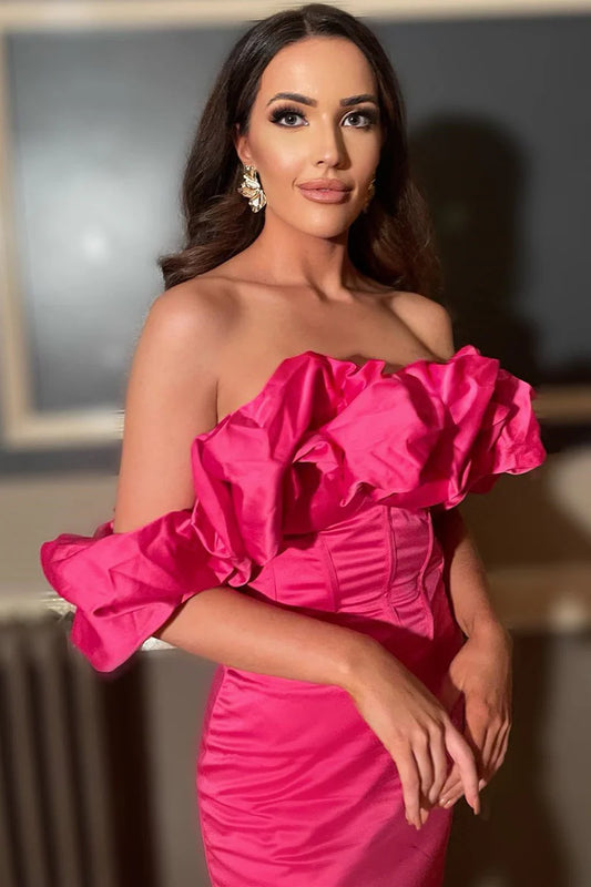 Vibrant hot pink sheath off-shoulder dress with ruffles, front view.