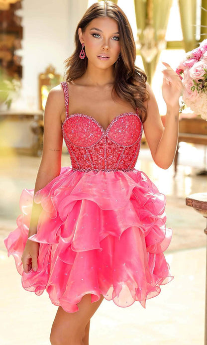 Model wearing a pink sweetheart beaded corset tiered organza mini homecoming dress.