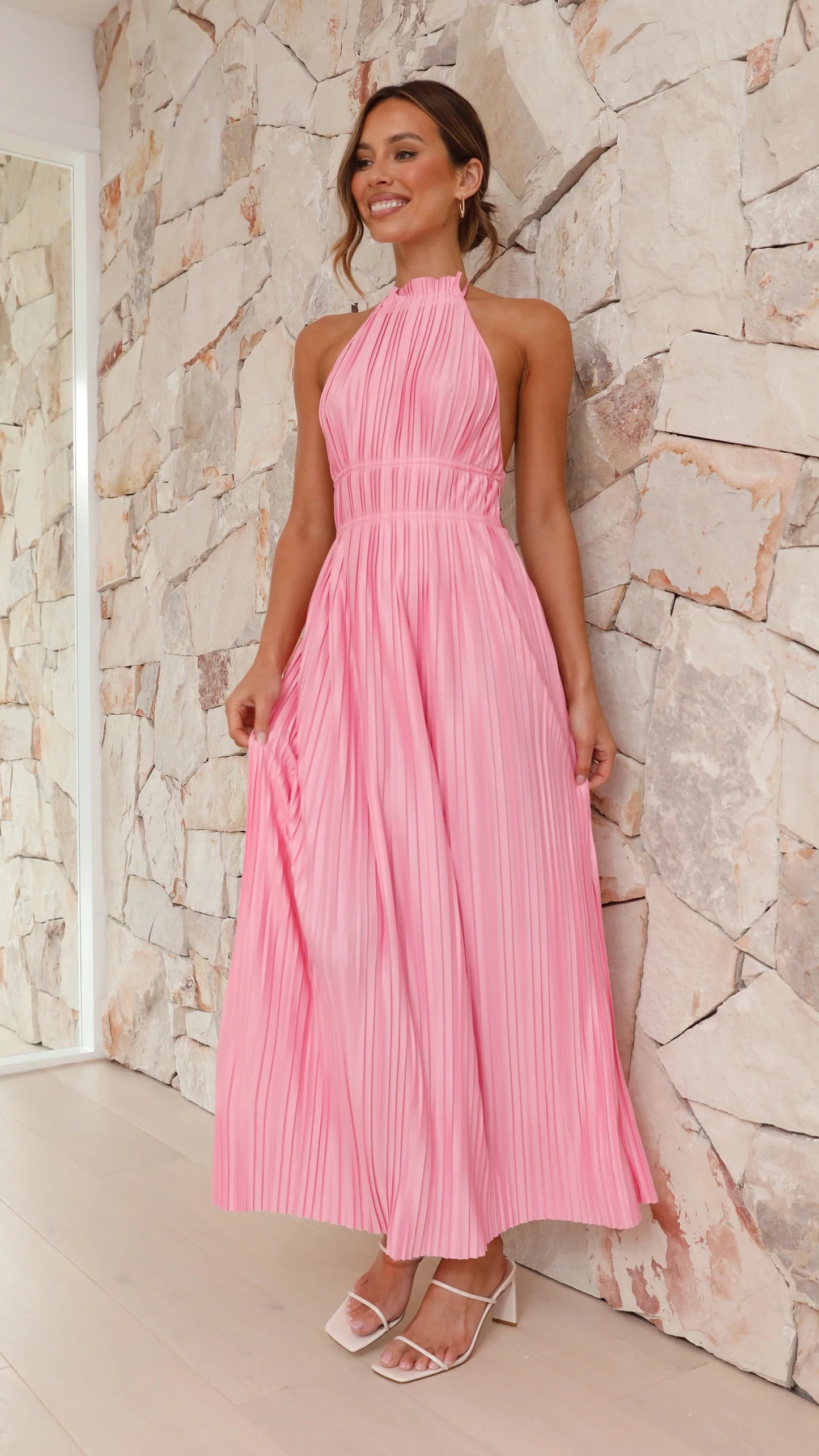 Vibrant Halter Neck Backless Cutout Pleated Midi Prom Dress with Side Slit