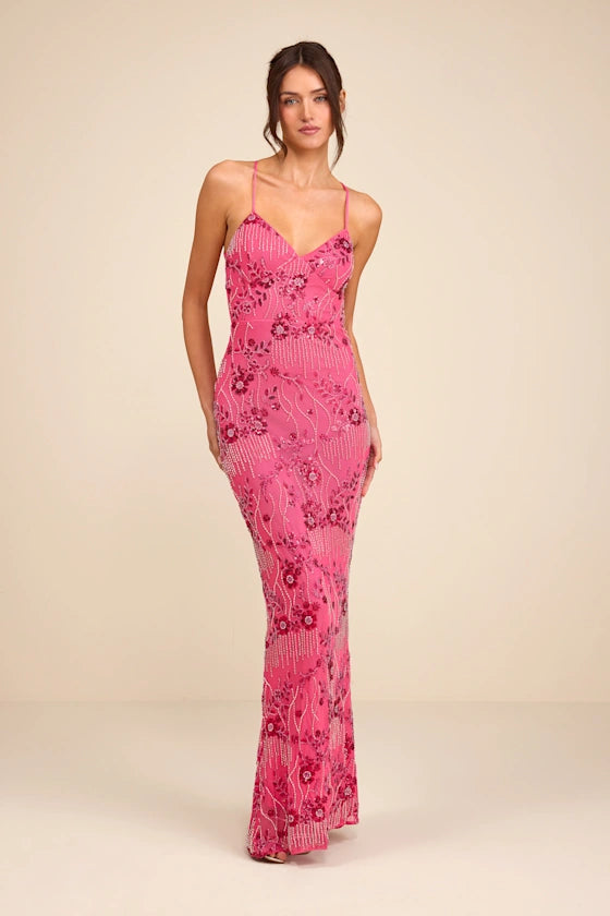 Vibrant Hot Pink Spaghetti Strap Mermaid Gown with Beaded Floral Embellishments and Lace-Up Back, Prom Dress