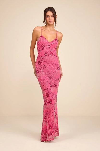 Vibrant Hot Pink Spaghetti Strap Mermaid Gown with Beaded Floral Embellishments and Lace-Up Back, Prom Dress