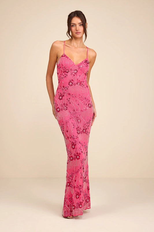 Vibrant Hot Pink Spaghetti Strap Mermaid Gown with Beaded Floral Embellishments and Lace-Up Back, Prom Dress