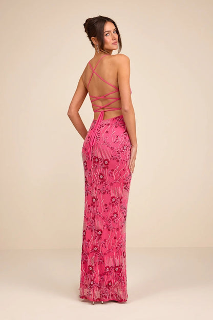 Vibrant Hot Pink Spaghetti Strap Mermaid Gown with Beaded Floral Embellishments and Lace-Up Back, Prom Dress
