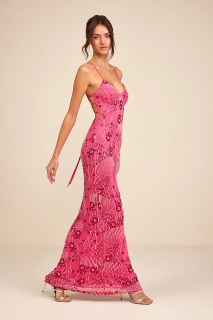 Vibrant Hot Pink Spaghetti Strap Mermaid Gown with Beaded Floral Embellishments and Lace-Up Back, Prom Dress