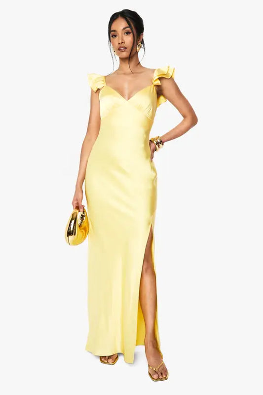 Vibrant Lemon Yellow Satin Sweetheart Neckline Maxi Dress with Ruffled Cap Sleeves and High Side Slit, Prom Dress