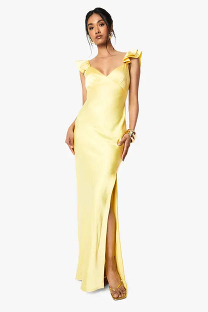 Vibrant Lemon Yellow Satin Sweetheart Neckline Maxi Dress with Ruffled Cap Sleeves and High Side Slit, Prom Dress