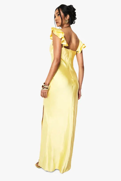 Vibrant Lemon Yellow Satin Sweetheart Neckline Maxi Dress with Ruffled Cap Sleeves and High Side Slit, Prom Dress