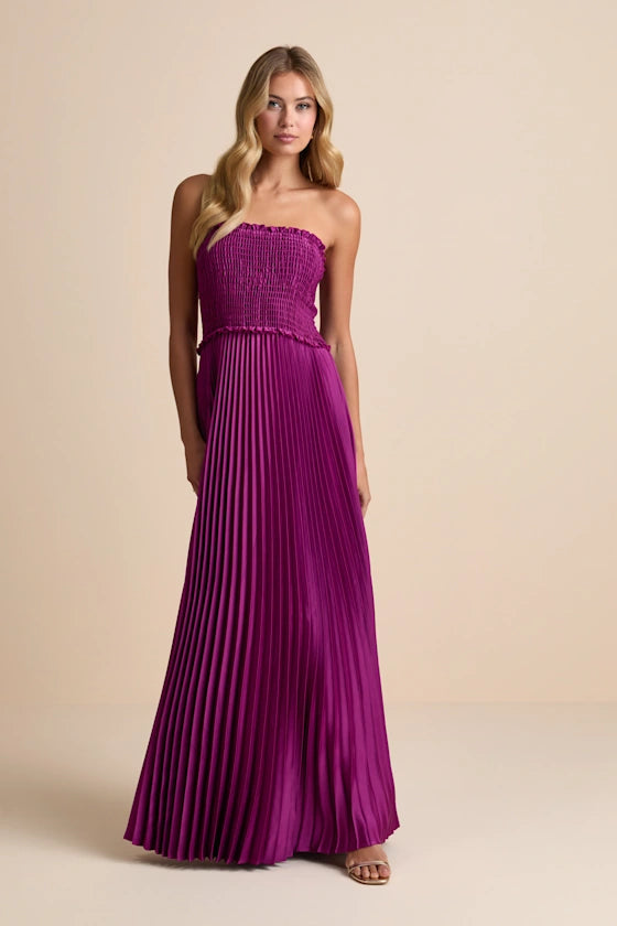 Vibrant Magenta Strapless Maxi Dress with Smocked Bodice and Pleated Satin Skirt, Prom Dress