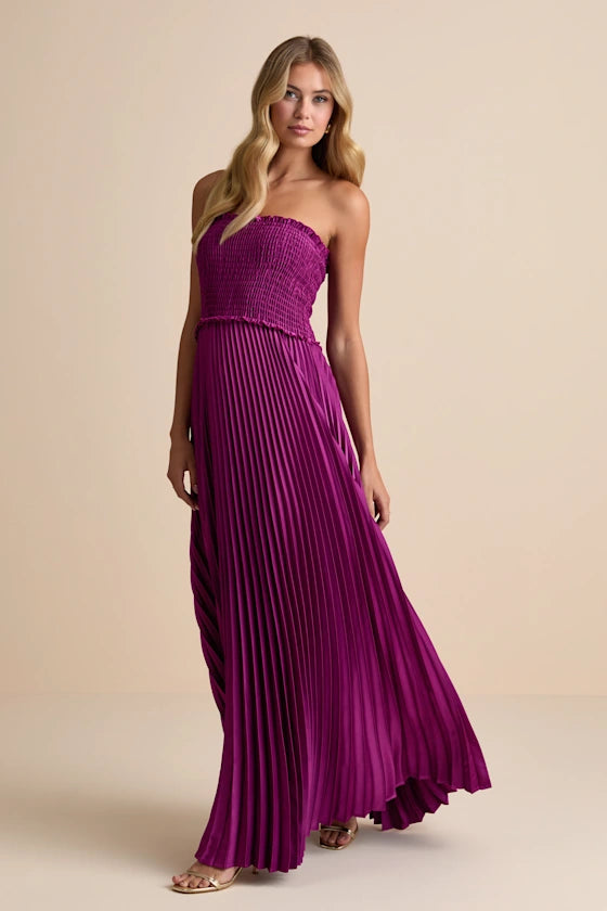 Vibrant Magenta Strapless Maxi Dress with Smocked Bodice and Pleated Satin Skirt, Prom Dress