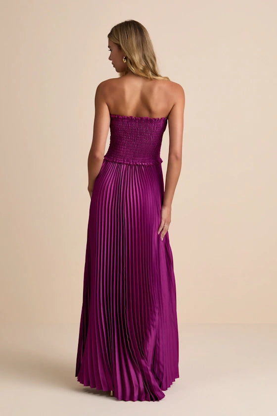 Vibrant Magenta Strapless Maxi Dress with Smocked Bodice and Pleated Satin Skirt, Prom Dress