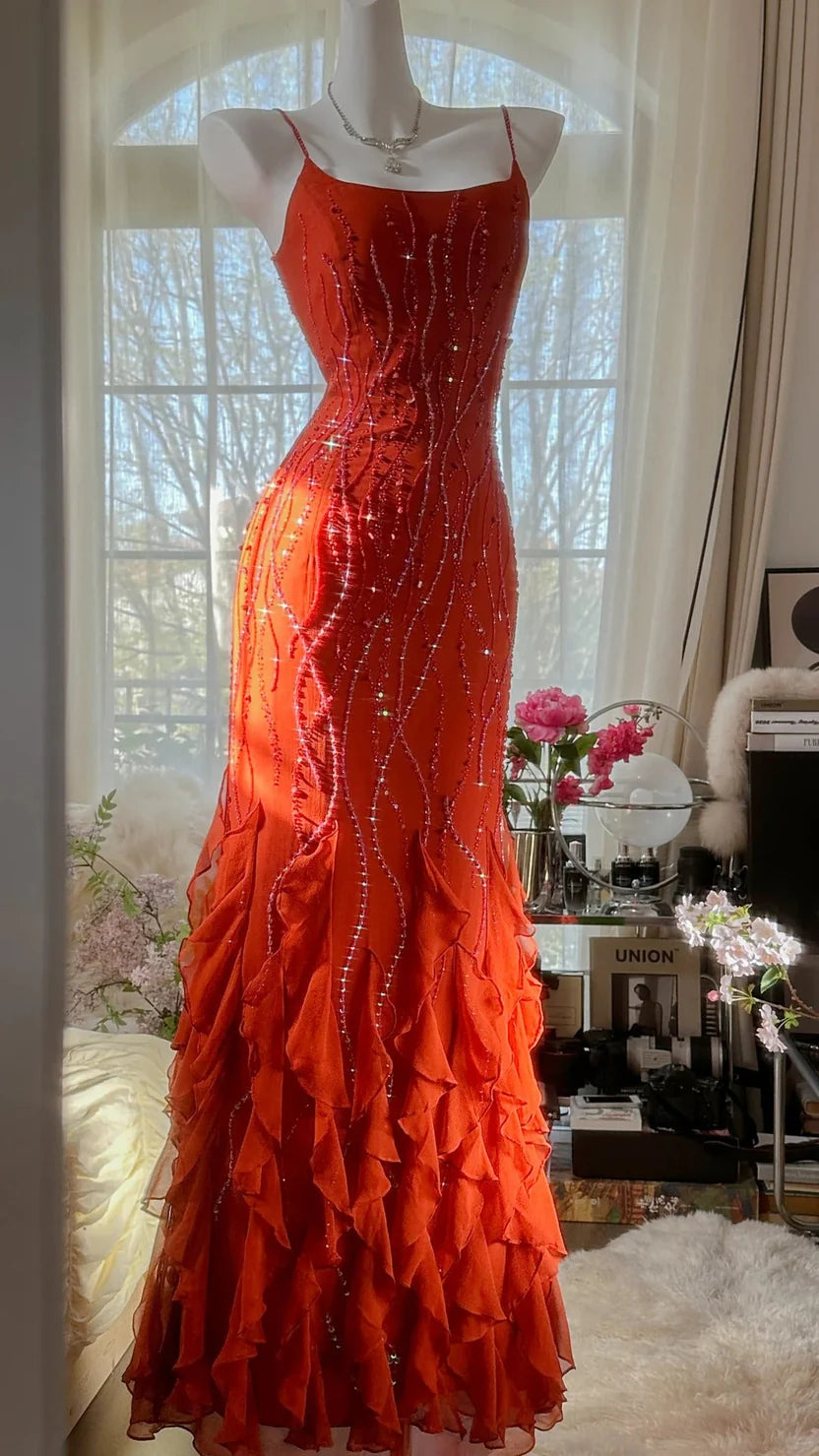 Vibrant Orange Spaghetti Strap Prom Dress With Beaded Embellishments And Tiered Ruffled Chiffon Mermaid Formal Prom Dress