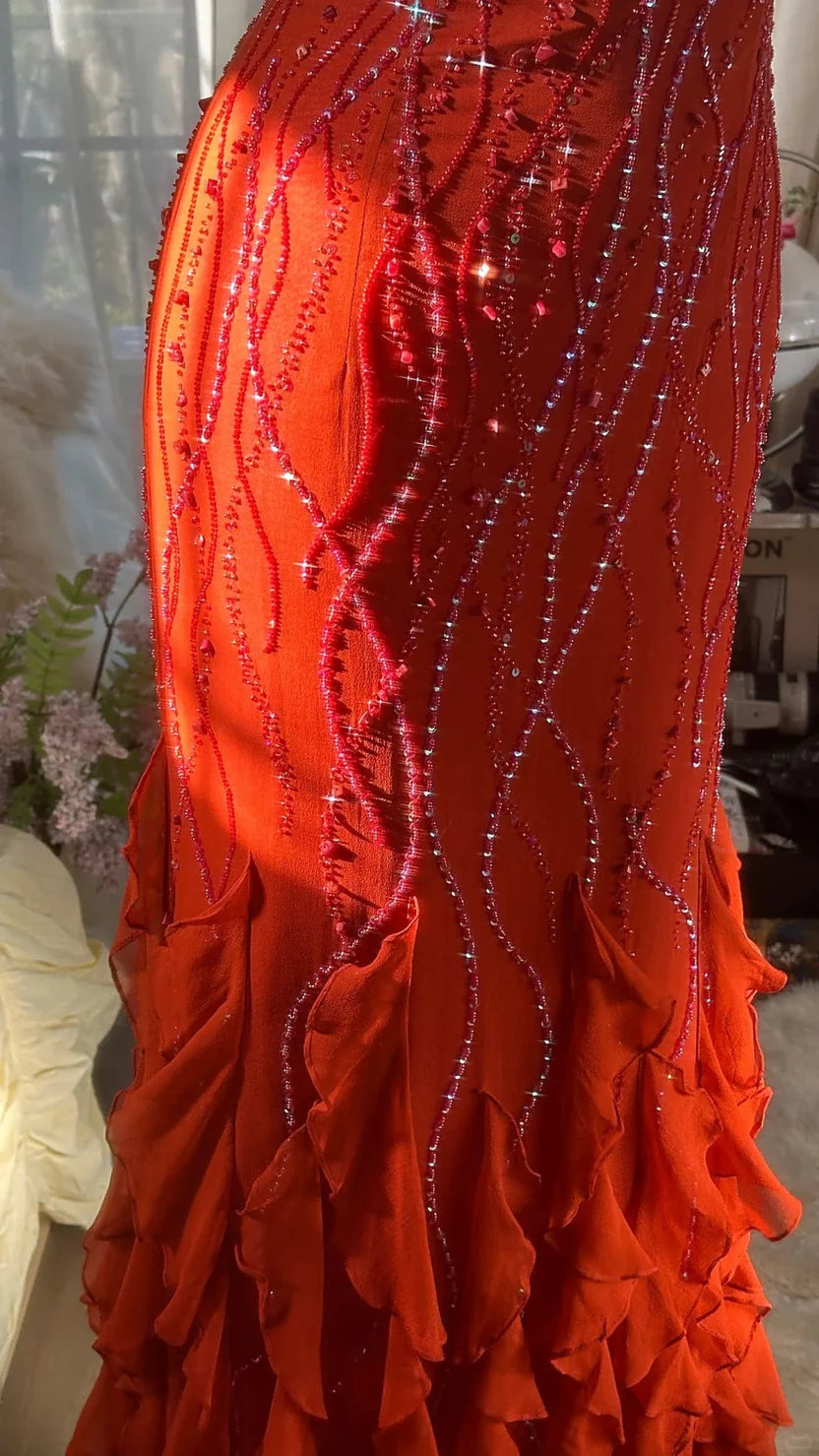 Vibrant Orange Spaghetti Strap Prom Dress With Beaded Embellishments And Tiered Ruffled Chiffon Mermaid Formal Prom Dress