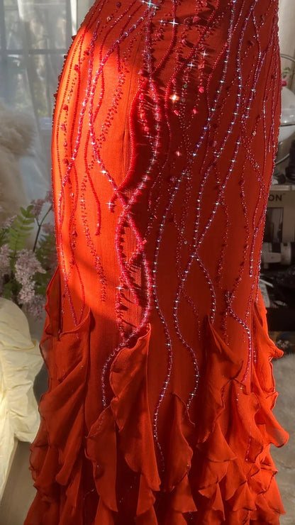 Vibrant Orange Spaghetti Strap Prom Dress With Beaded Embellishments And Tiered Ruffled Chiffon Mermaid Formal Prom Dress