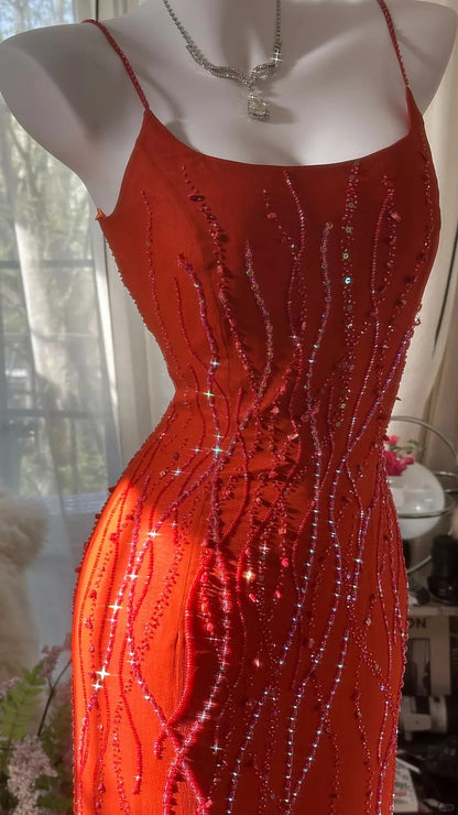 Vibrant Orange Spaghetti Strap Prom Dress With Beaded Embellishments And Tiered Ruffled Chiffon Mermaid Formal Prom Dress