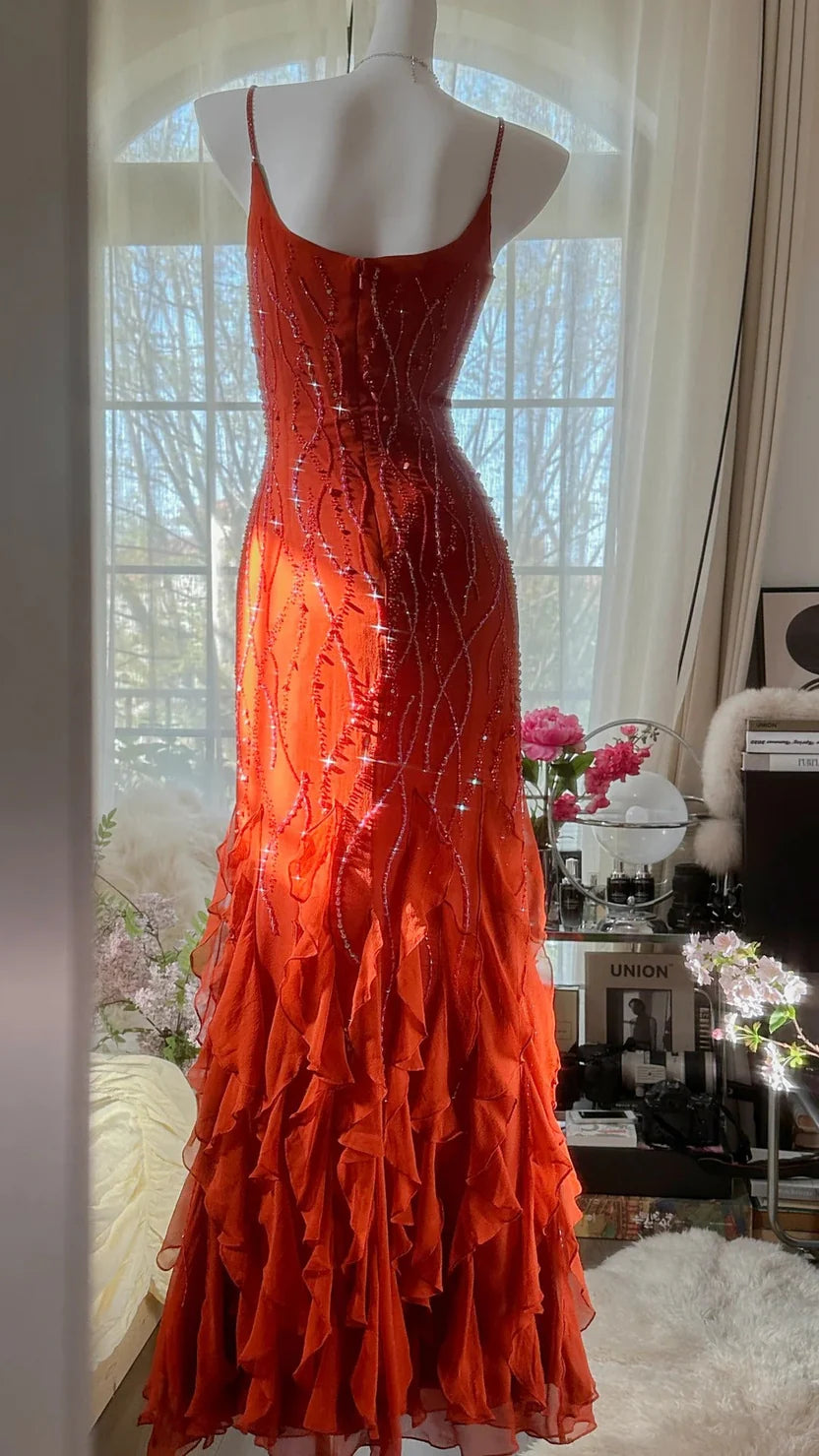 Vibrant Orange Spaghetti Strap Prom Dress With Beaded Embellishments And Tiered Ruffled Chiffon Mermaid Formal Prom Dress
