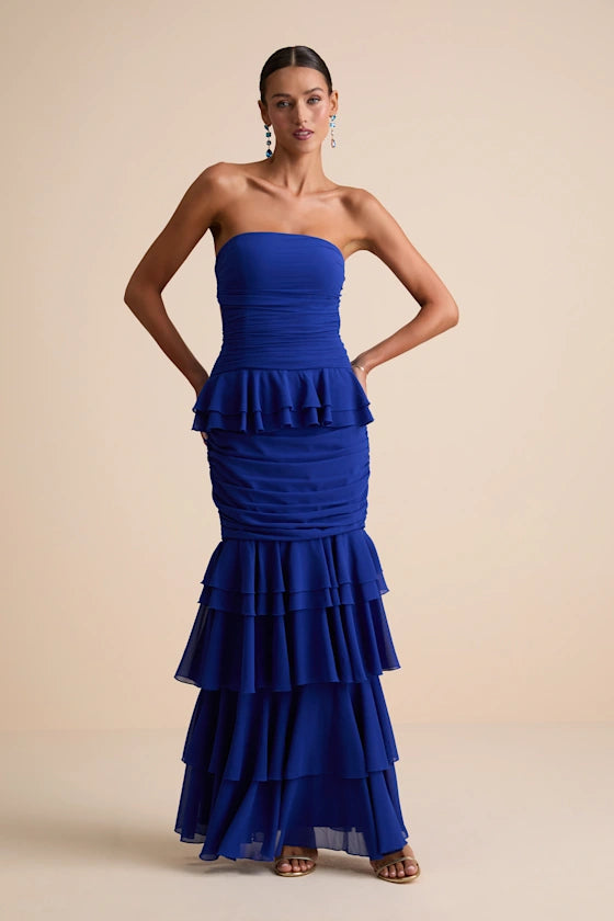 Vibrant Royal Blue Strapless Mermaid Gown with Tiered Ruffle Skirt and Lace-Up Back, Prom Dress