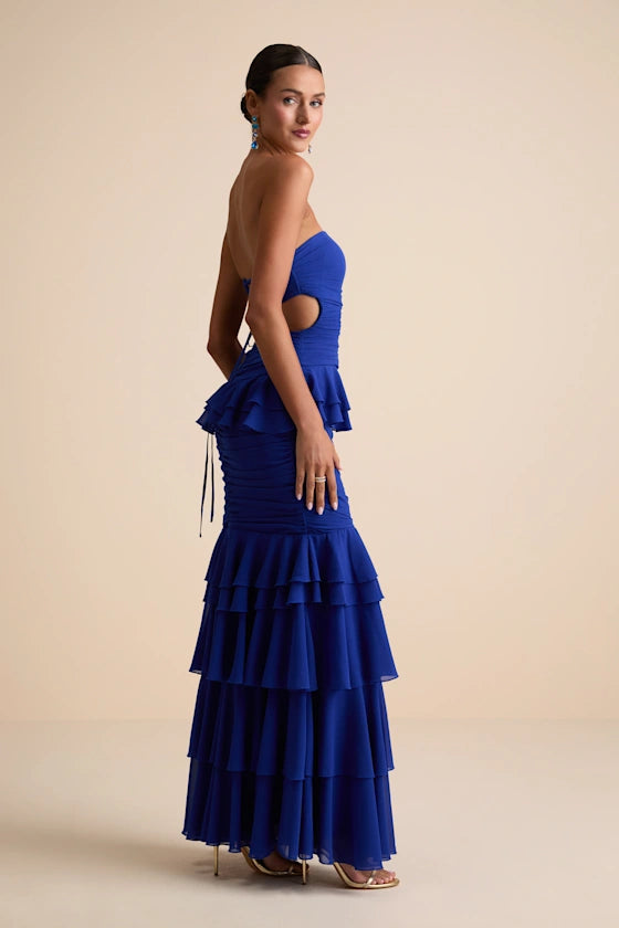 Vibrant Royal Blue Strapless Mermaid Gown with Tiered Ruffle Skirt and Lace-Up Back, Prom Dress