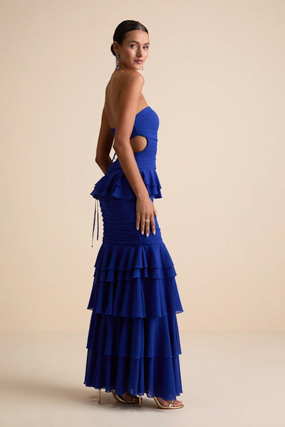 Vibrant Royal Blue Strapless Mermaid Gown with Tiered Ruffle Skirt and Lace-Up Back, Prom Dress