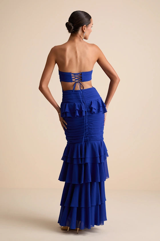 Vibrant Royal Blue Strapless Mermaid Gown with Tiered Ruffle Skirt and Lace-Up Back, Prom Dress