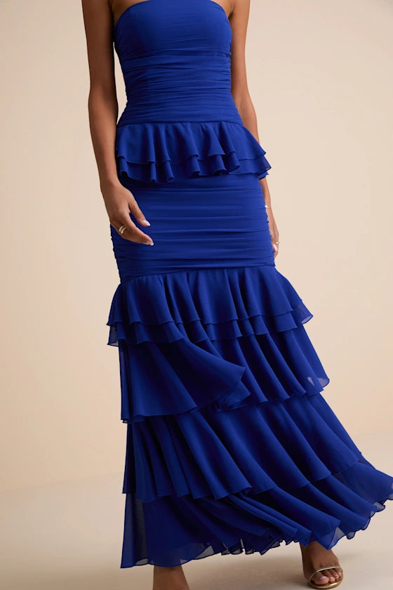Vibrant Royal Blue Strapless Mermaid Gown with Tiered Ruffle Skirt and Lace-Up Back, Prom Dress